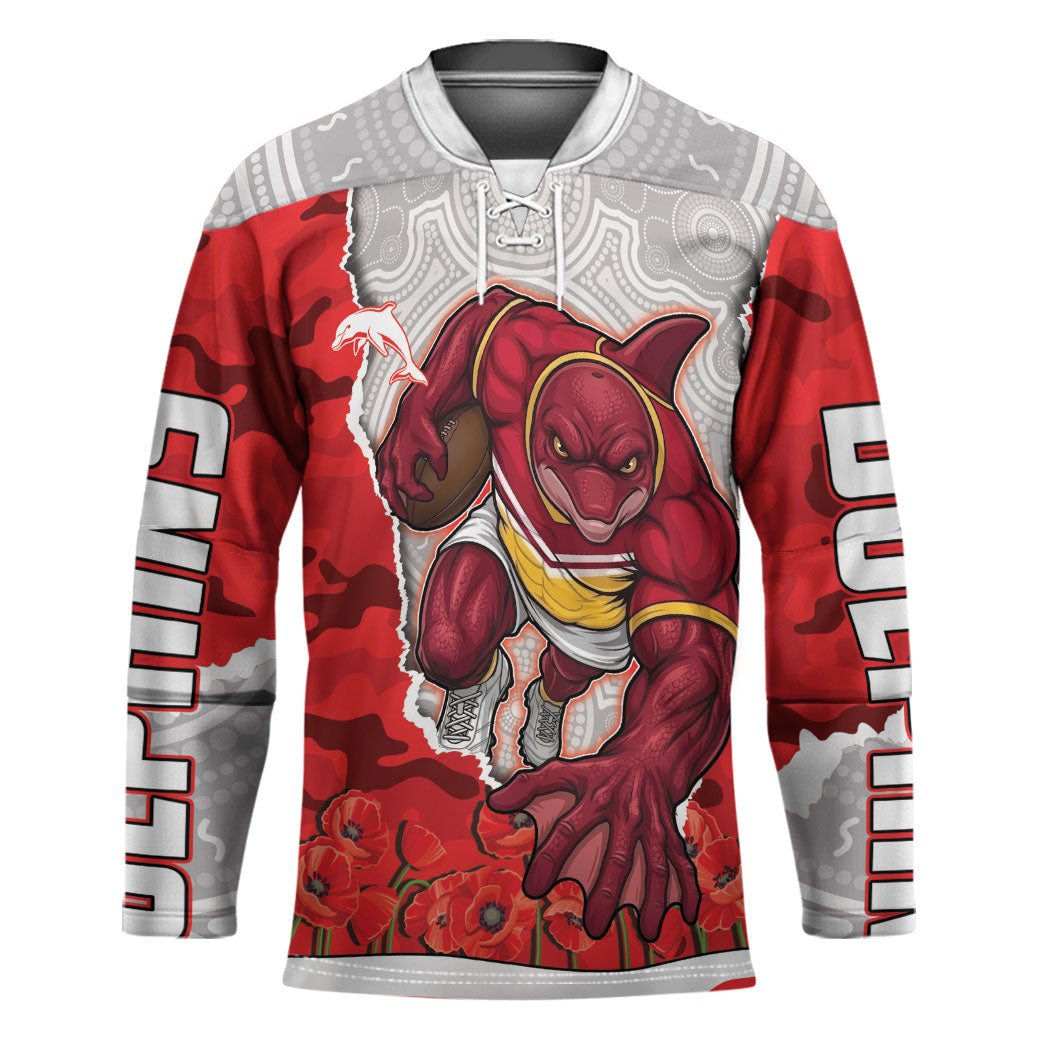 Personalized Dolphins ANZAC Tribute Hockey Jersey Poppy Field Soldier Silhouette Aboriginal Rugby Mascot