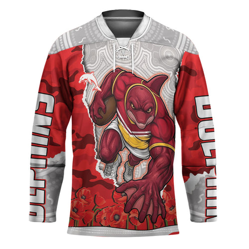 Personalized Dolphins ANZAC Tribute Hockey Jersey Poppy Field Soldier Silhouette Aboriginal Rugby Mascot