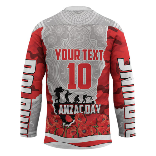 Personalized Dolphins ANZAC Tribute Hockey Jersey Poppy Field Soldier Silhouette Aboriginal Rugby Mascot