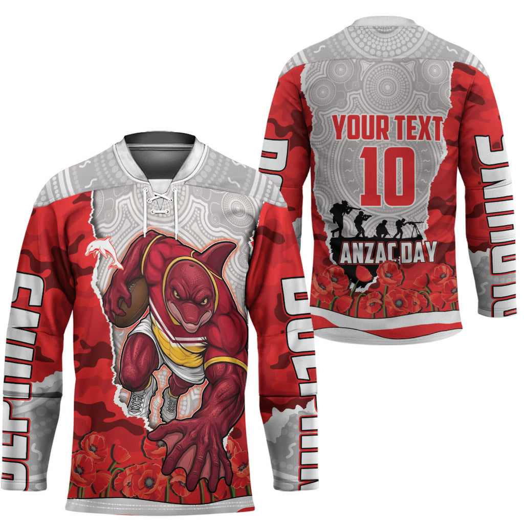 Personalized Dolphins ANZAC Tribute Hockey Jersey Poppy Field Soldier Silhouette Aboriginal Rugby Mascot