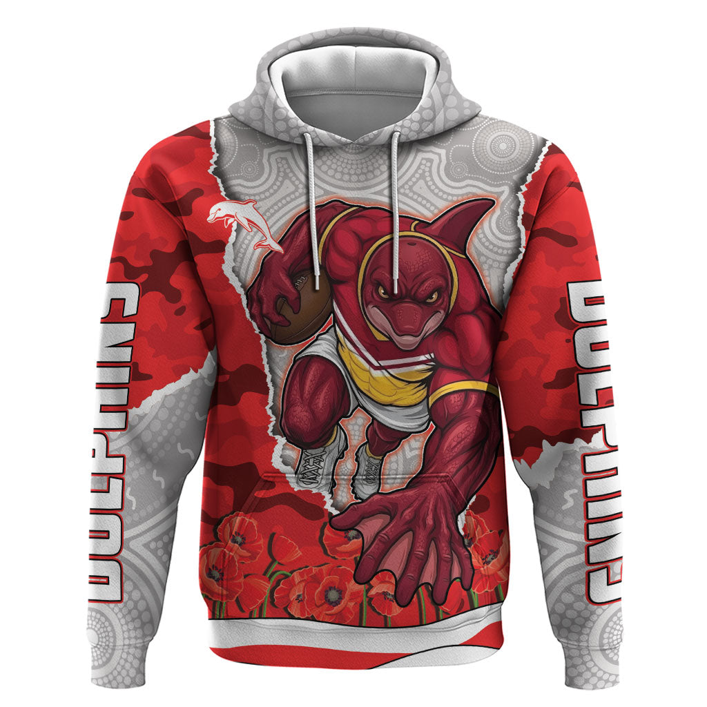 Personalized Dolphins ANZAC Tribute Hoodie Poppy Field Soldier Silhouette Aboriginal Rugby Mascot