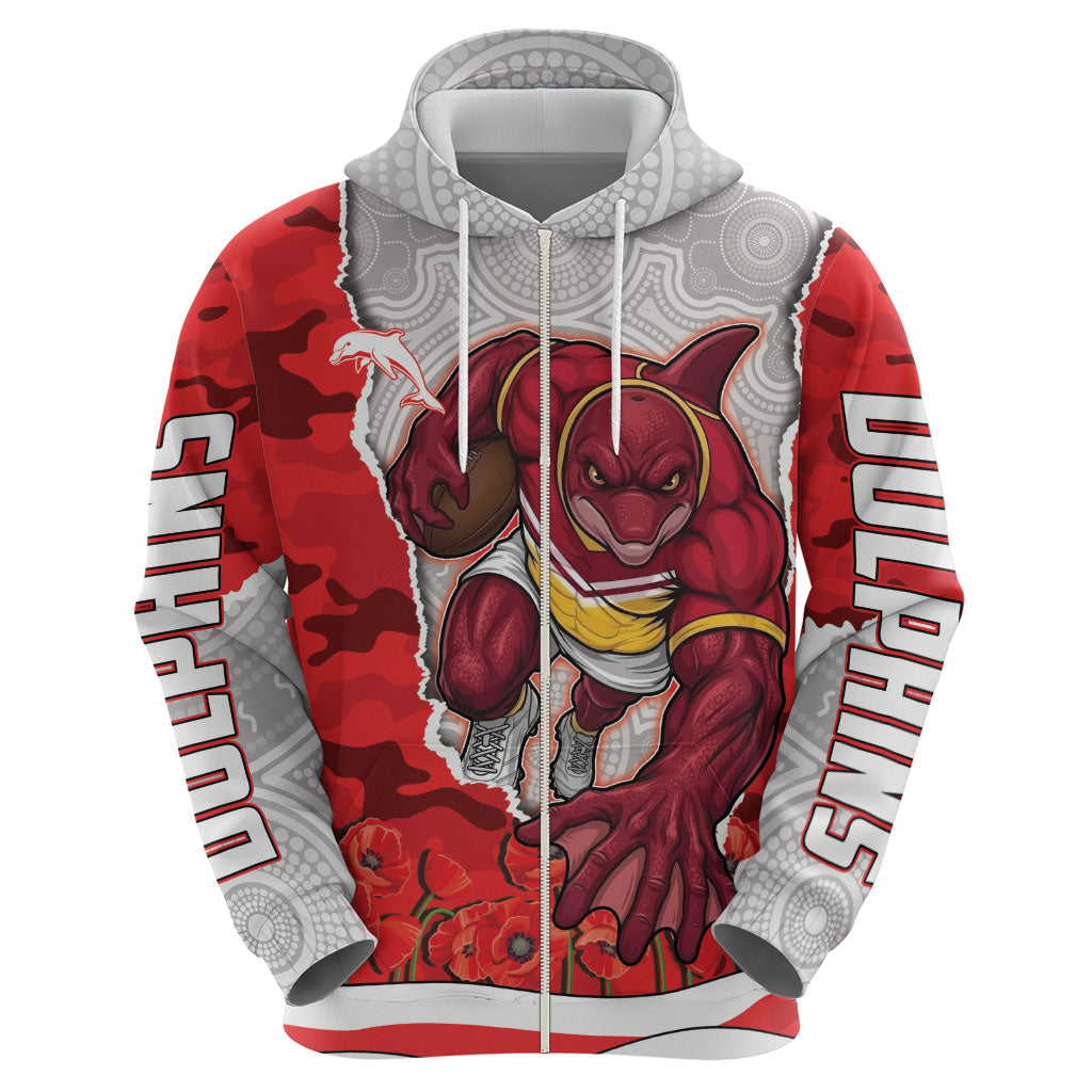 Personalized Dolphins ANZAC Tribute Hoodie Poppy Field Soldier Silhouette Aboriginal Rugby Mascot