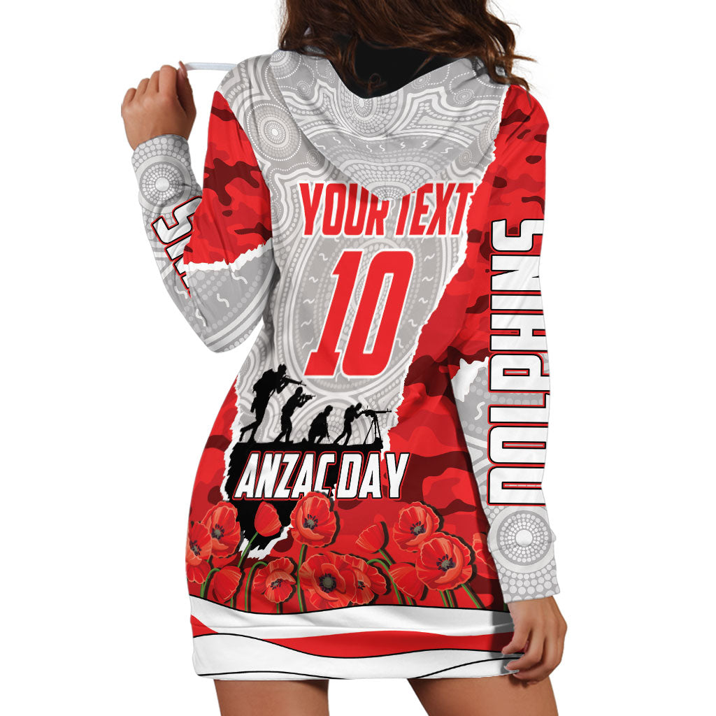 Personalized Dolphins ANZAC Tribute Hoodie Dress Poppy Field Soldier Silhouette Aboriginal Rugby Mascot