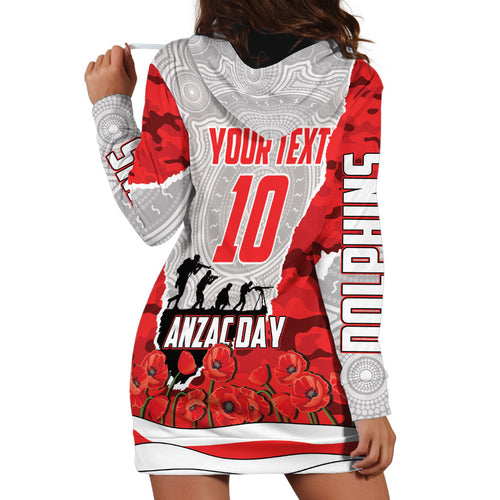 Personalized Dolphins ANZAC Tribute Hoodie Dress Poppy Field Soldier Silhouette Aboriginal Rugby Mascot