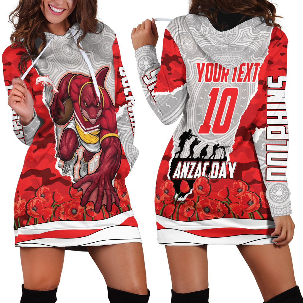 Personalized Dolphins ANZAC Tribute Hoodie Dress Poppy Field Soldier Silhouette Aboriginal Rugby Mascot