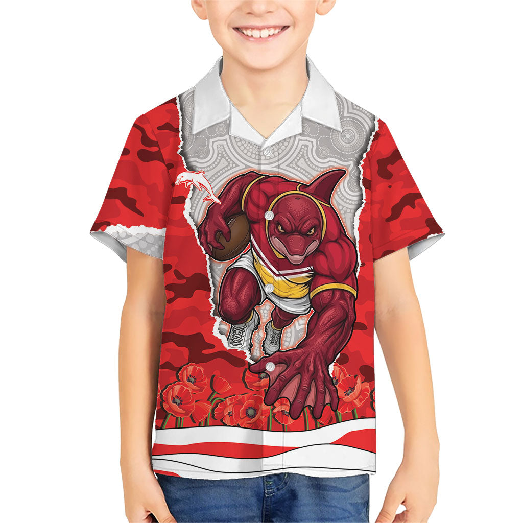 Personalized Dolphins ANZAC Tribute Kid Hawaiian Shirt Poppy Field Soldier Silhouette Aboriginal Rugby Mascot