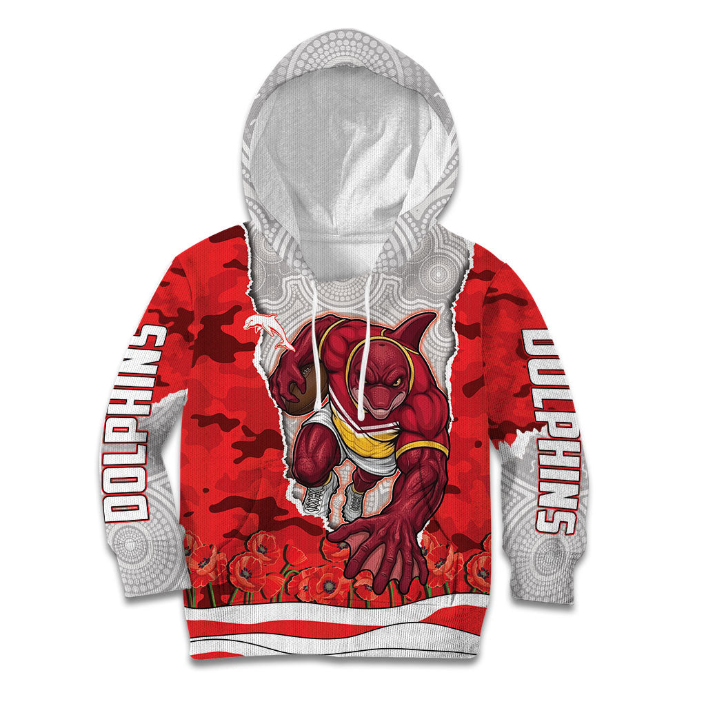 Personalized Dolphins ANZAC Tribute Kid Hoodie Poppy Field Soldier Silhouette Aboriginal Rugby Mascot