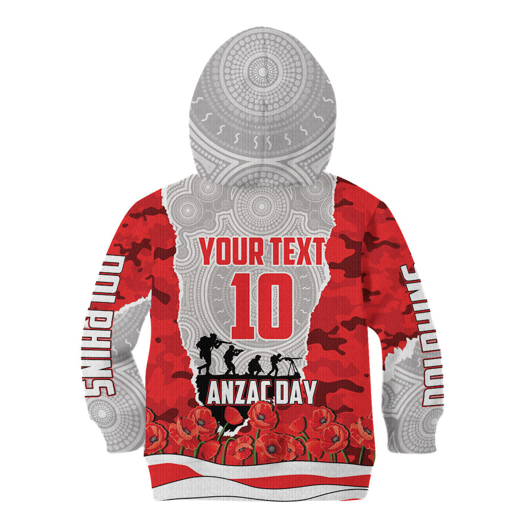 Personalized Dolphins ANZAC Tribute Kid Hoodie Poppy Field Soldier Silhouette Aboriginal Rugby Mascot
