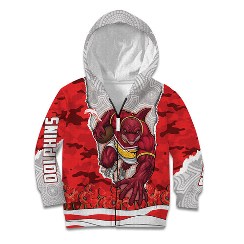 Personalized Dolphins ANZAC Tribute Kid Hoodie Poppy Field Soldier Silhouette Aboriginal Rugby Mascot