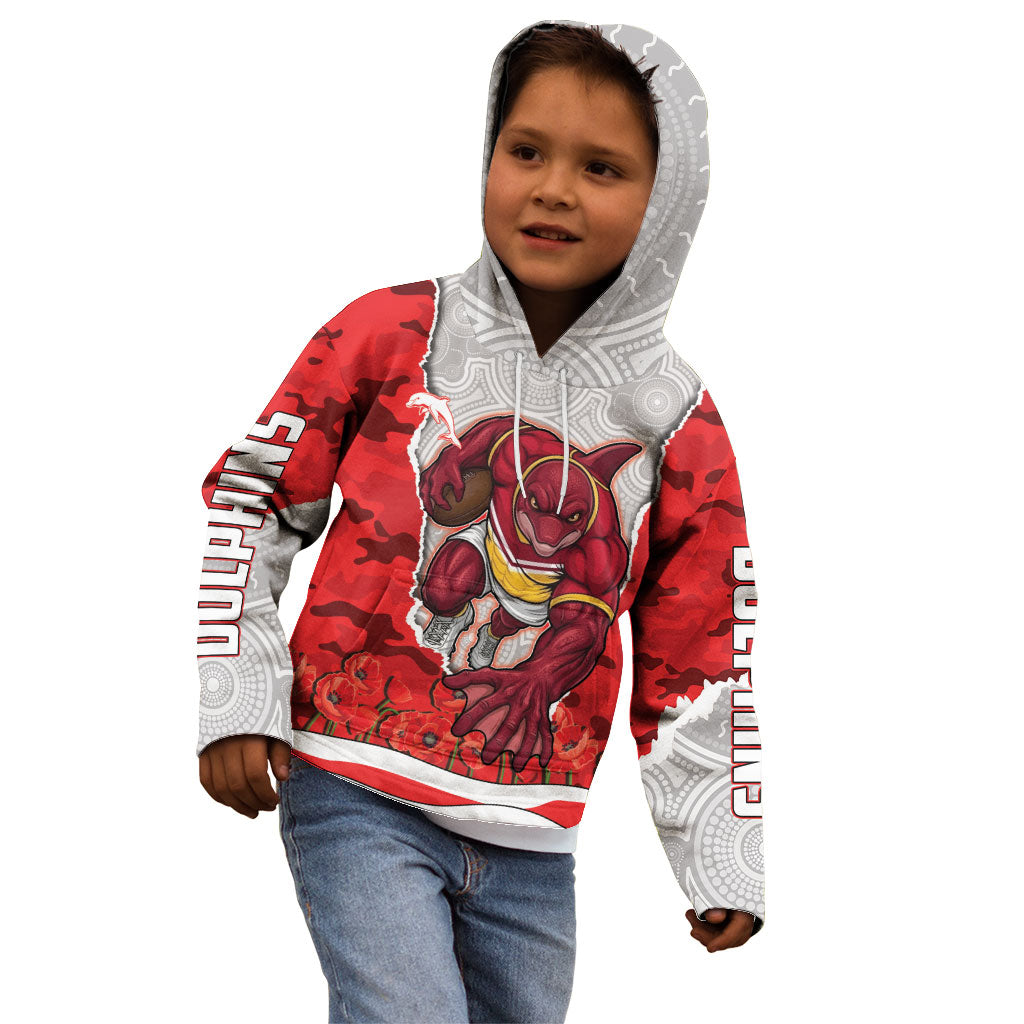 Personalized Dolphins ANZAC Tribute Kid Hoodie Poppy Field Soldier Silhouette Aboriginal Rugby Mascot