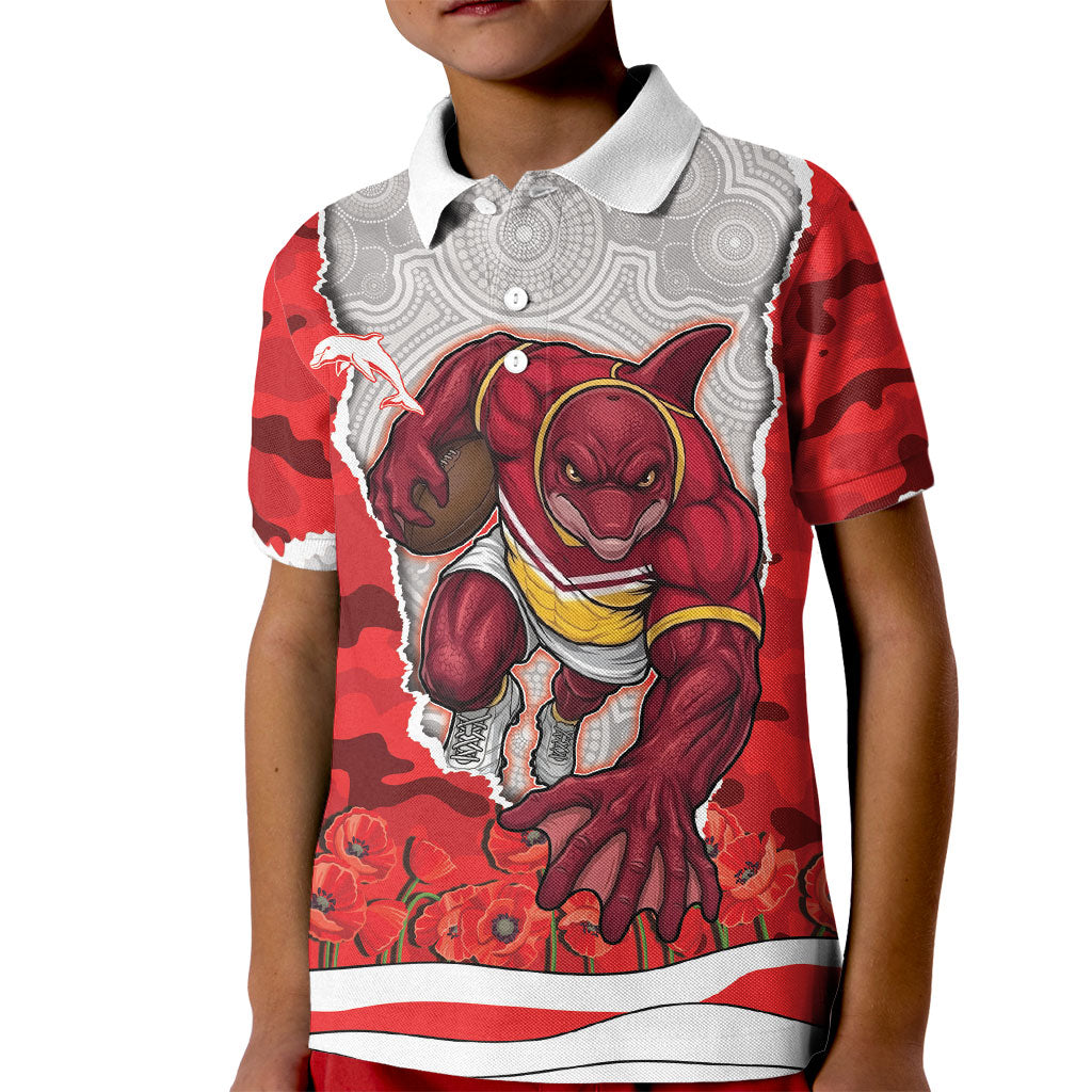 Personalized Dolphins ANZAC Tribute Kid Polo Shirt Poppy Field Soldier Silhouette Aboriginal Rugby Mascot