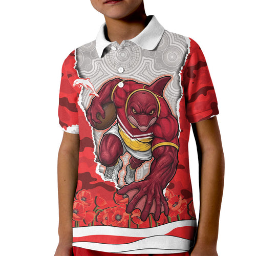 Personalized Dolphins ANZAC Tribute Kid Polo Shirt Poppy Field Soldier Silhouette Aboriginal Rugby Mascot