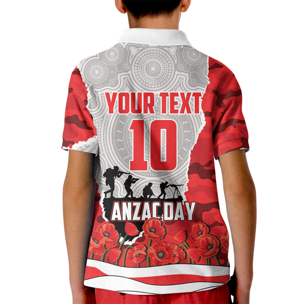 Personalized Dolphins ANZAC Tribute Kid Polo Shirt Poppy Field Soldier Silhouette Aboriginal Rugby Mascot
