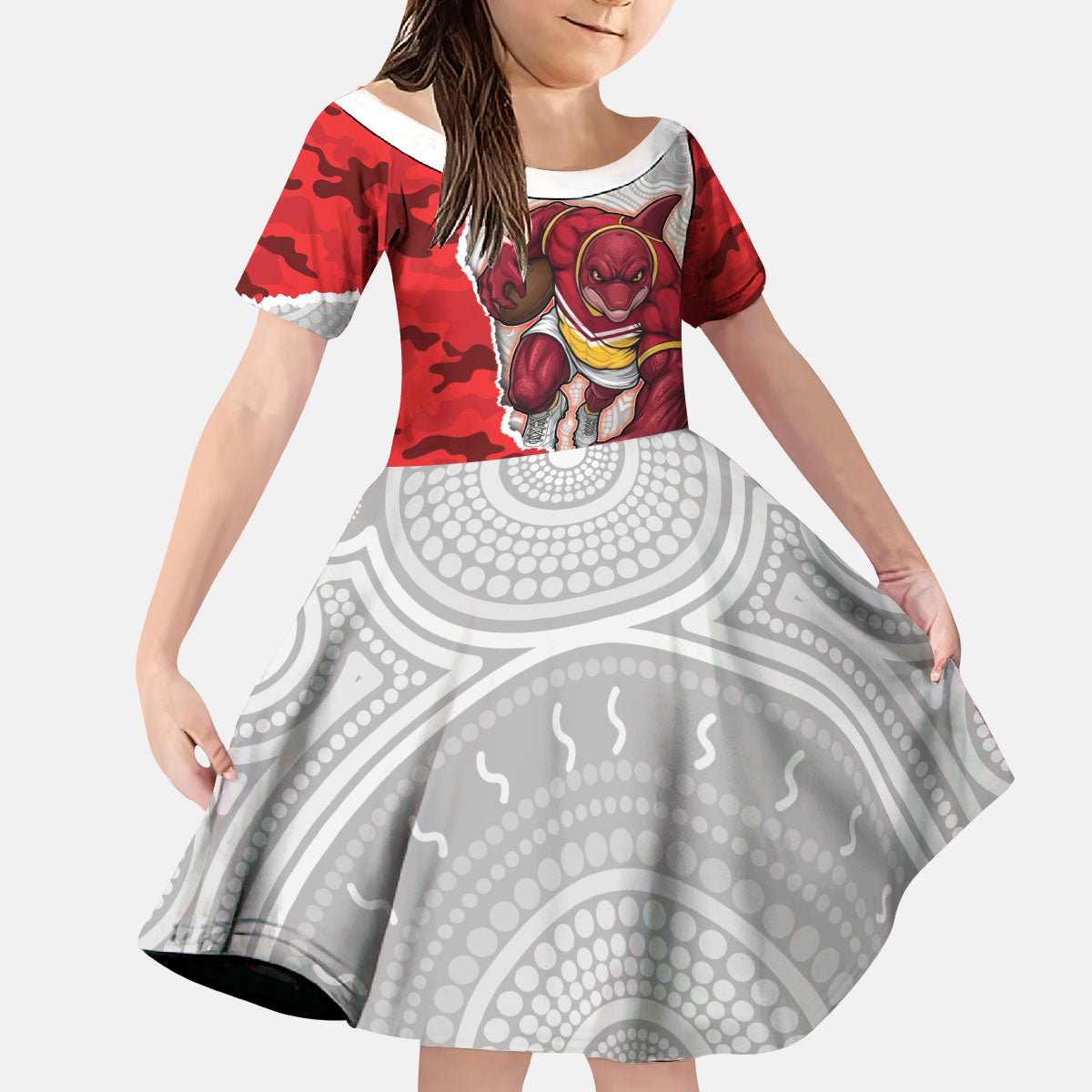 Personalized Dolphins ANZAC Tribute Kid Short Sleeve Dress Poppy Field Soldier Silhouette Aboriginal Rugby Mascot