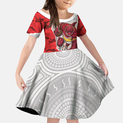 Personalized Dolphins ANZAC Tribute Kid Short Sleeve Dress Poppy Field Soldier Silhouette Aboriginal Rugby Mascot