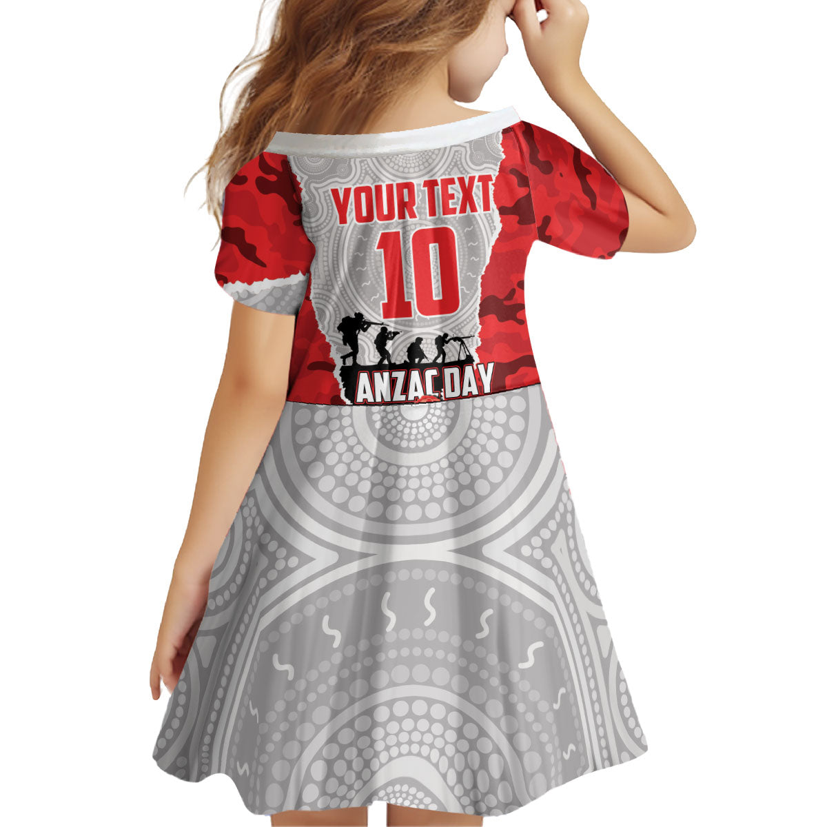 Personalized Dolphins ANZAC Tribute Kid Short Sleeve Dress Poppy Field Soldier Silhouette Aboriginal Rugby Mascot