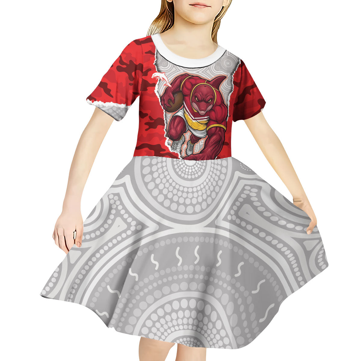 Personalized Dolphins ANZAC Tribute Kid Short Sleeve Dress Poppy Field Soldier Silhouette Aboriginal Rugby Mascot