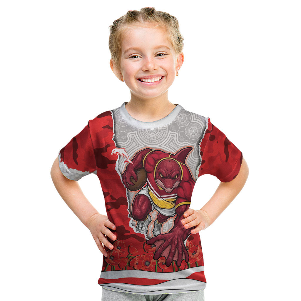 Personalized Dolphins ANZAC Tribute Kid T Shirt Poppy Field Soldier Silhouette Aboriginal Rugby Mascot