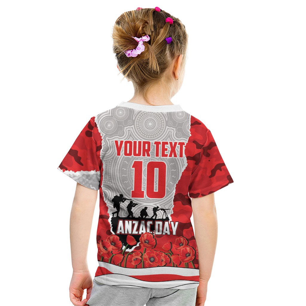 Personalized Dolphins ANZAC Tribute Kid T Shirt Poppy Field Soldier Silhouette Aboriginal Rugby Mascot
