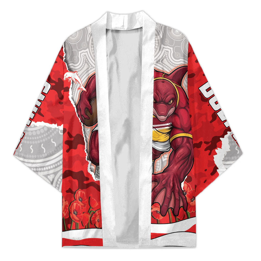 Personalized Dolphins ANZAC Tribute Kimono Poppy Field Soldier Silhouette Aboriginal Rugby Mascot