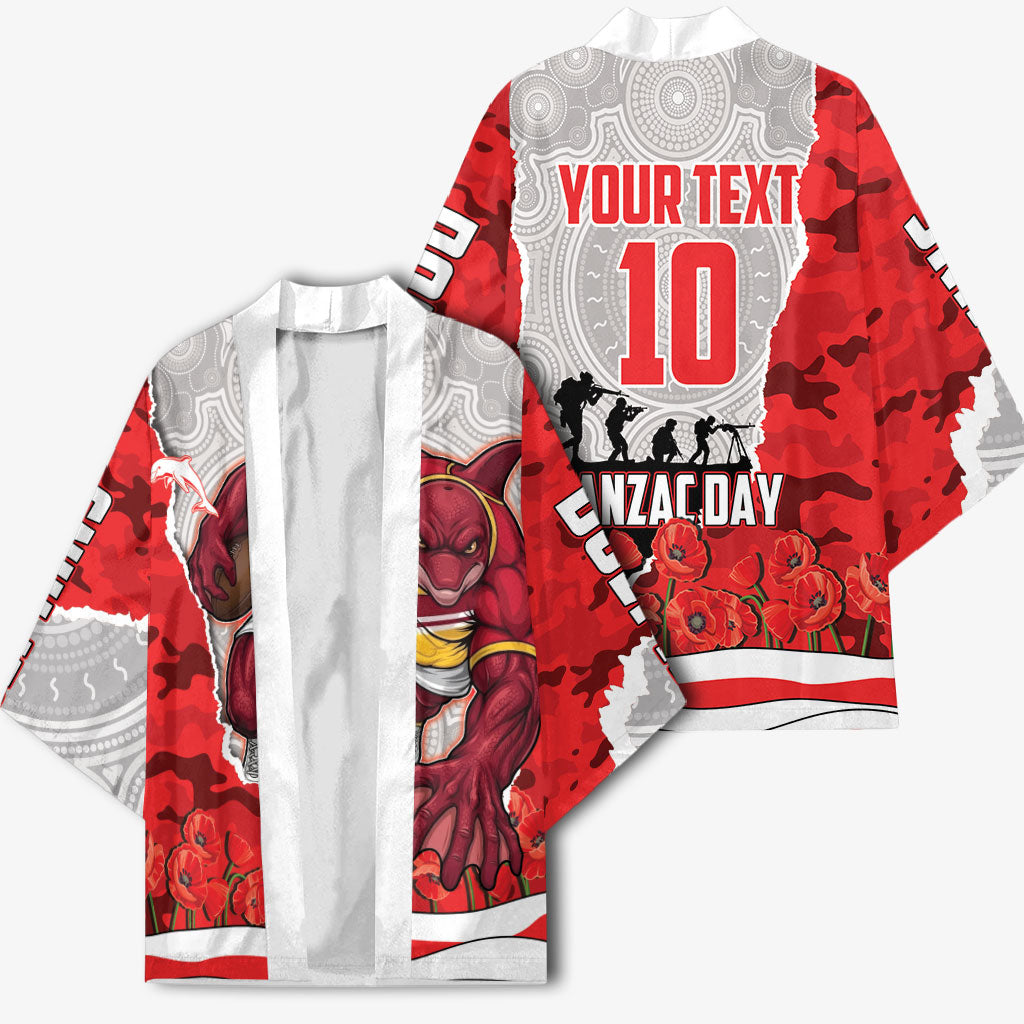 Personalized Dolphins ANZAC Tribute Kimono Poppy Field Soldier Silhouette Aboriginal Rugby Mascot