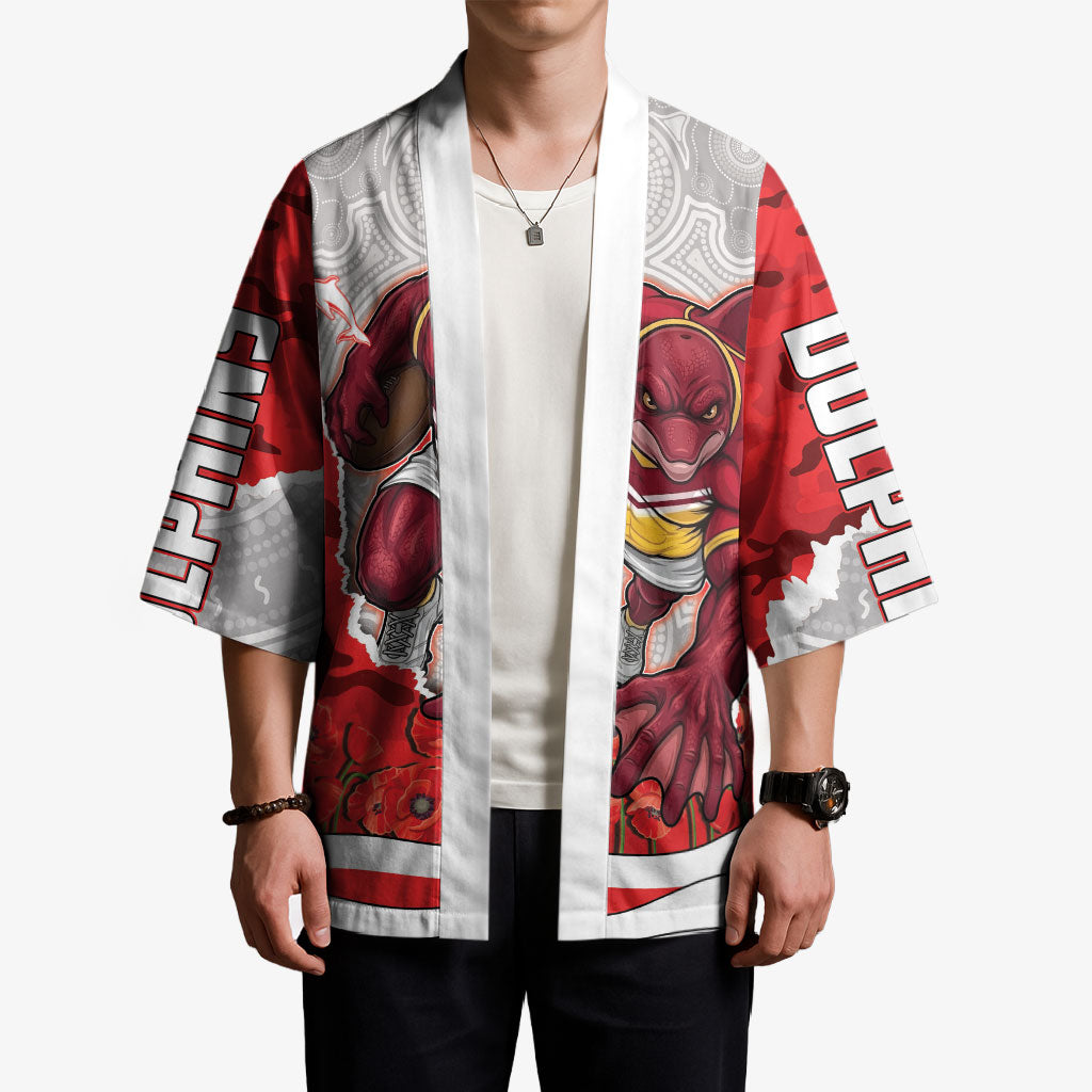 Personalized Dolphins ANZAC Tribute Kimono Poppy Field Soldier Silhouette Aboriginal Rugby Mascot