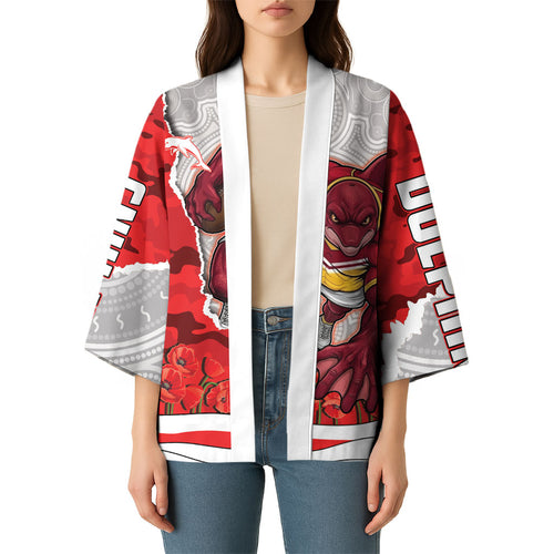 Personalized Dolphins ANZAC Tribute Kimono Poppy Field Soldier Silhouette Aboriginal Rugby Mascot