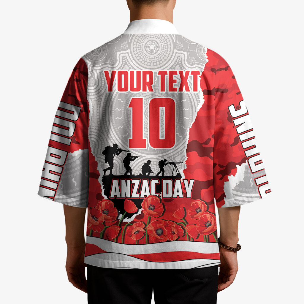 Personalized Dolphins ANZAC Tribute Kimono Poppy Field Soldier Silhouette Aboriginal Rugby Mascot