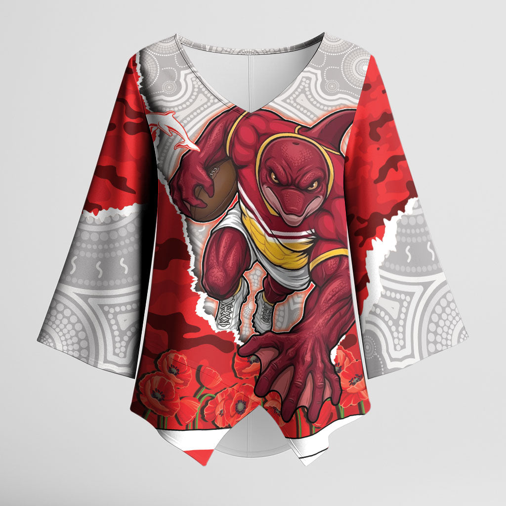 Personalized Dolphins ANZAC Tribute Kimono Sleeve Blouse Poppy Field Soldier Silhouette Aboriginal Rugby Mascot