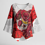 Personalized Dolphins ANZAC Tribute Kimono Sleeve Blouse Poppy Field Soldier Silhouette Aboriginal Rugby Mascot