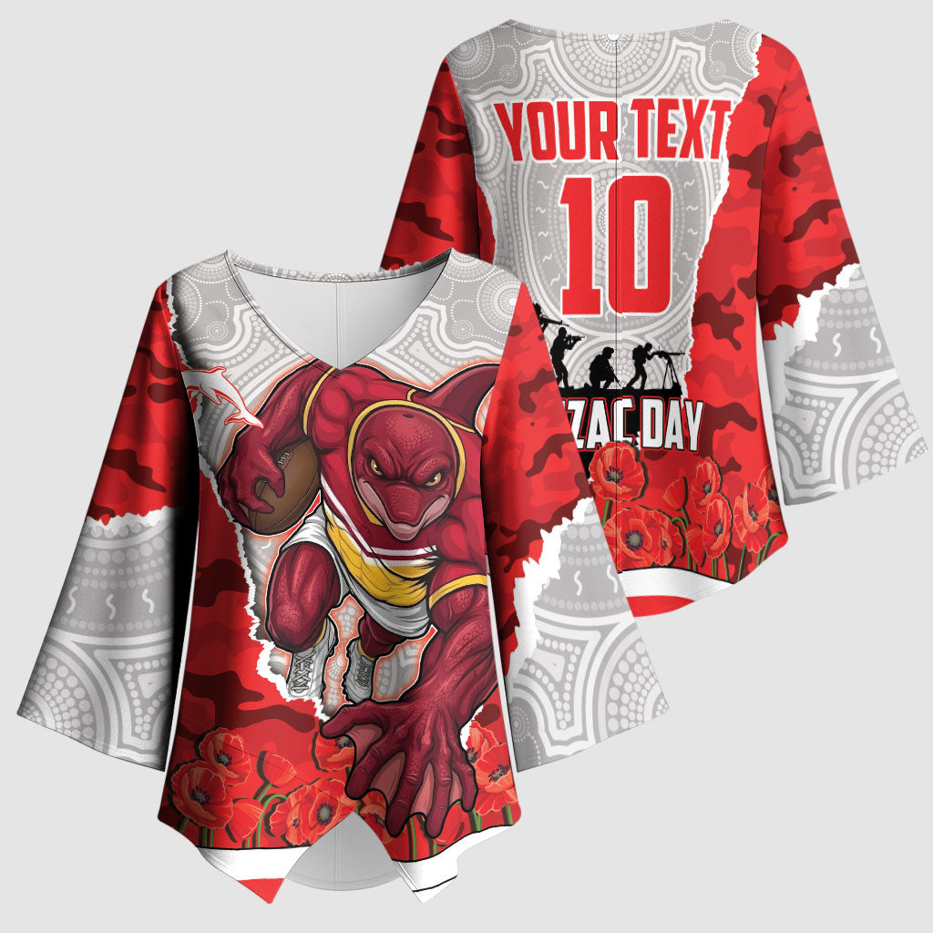 Personalized Dolphins ANZAC Tribute Kimono Sleeve Blouse Poppy Field Soldier Silhouette Aboriginal Rugby Mascot