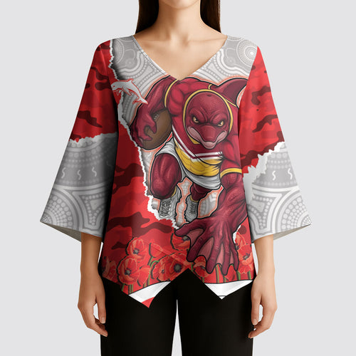 Personalized Dolphins ANZAC Tribute Kimono Sleeve Blouse Poppy Field Soldier Silhouette Aboriginal Rugby Mascot