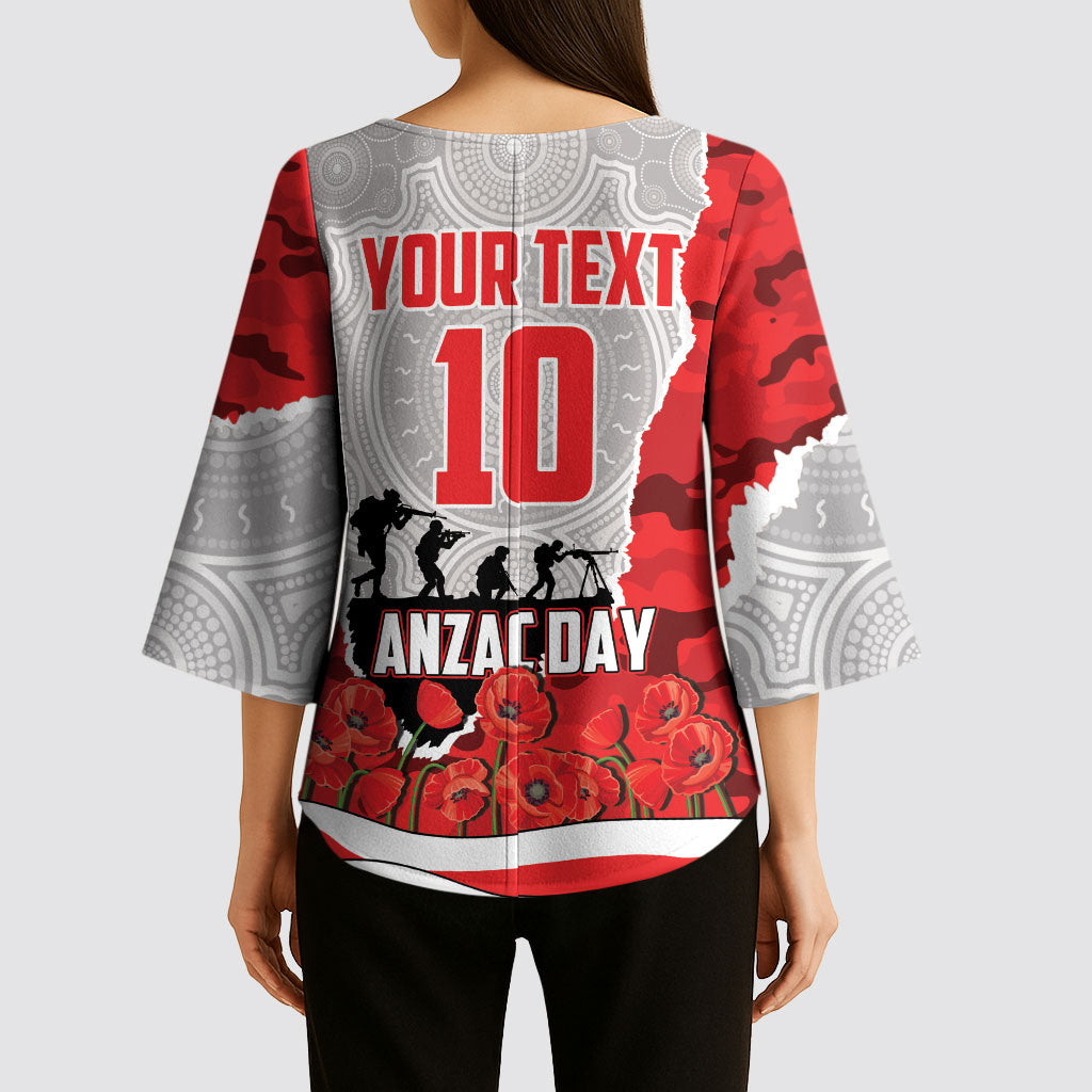 Personalized Dolphins ANZAC Tribute Kimono Sleeve Blouse Poppy Field Soldier Silhouette Aboriginal Rugby Mascot