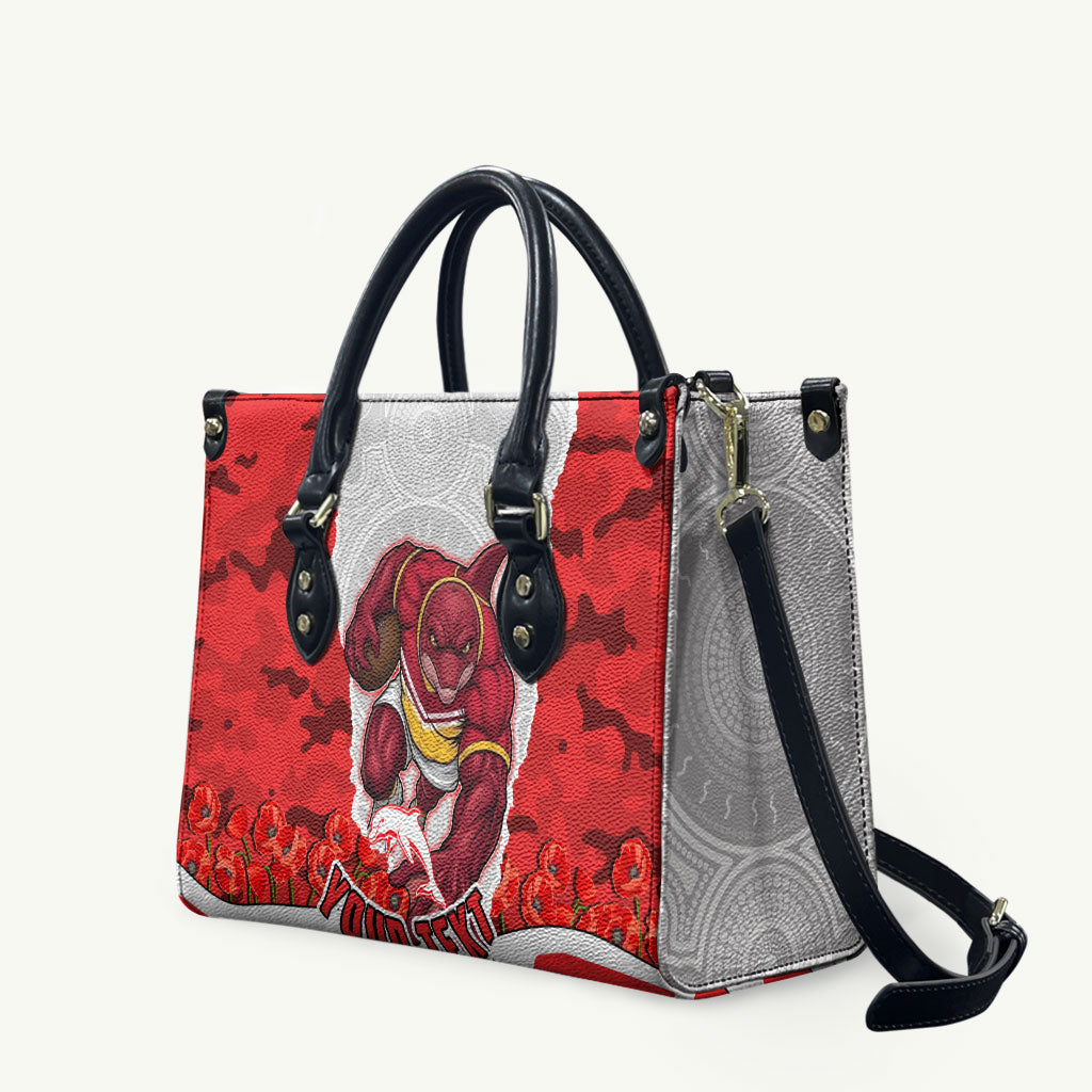 Personalized Dolphins ANZAC Tribute Leather Bag Poppy Field Soldier Silhouette Aboriginal Rugby Mascot