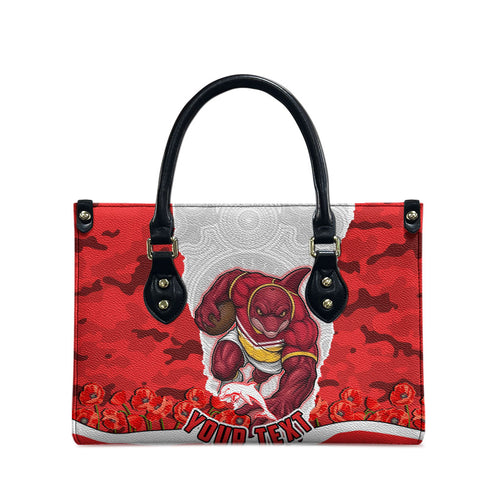 Personalized Dolphins ANZAC Tribute Leather Bag Poppy Field Soldier Silhouette Aboriginal Rugby Mascot