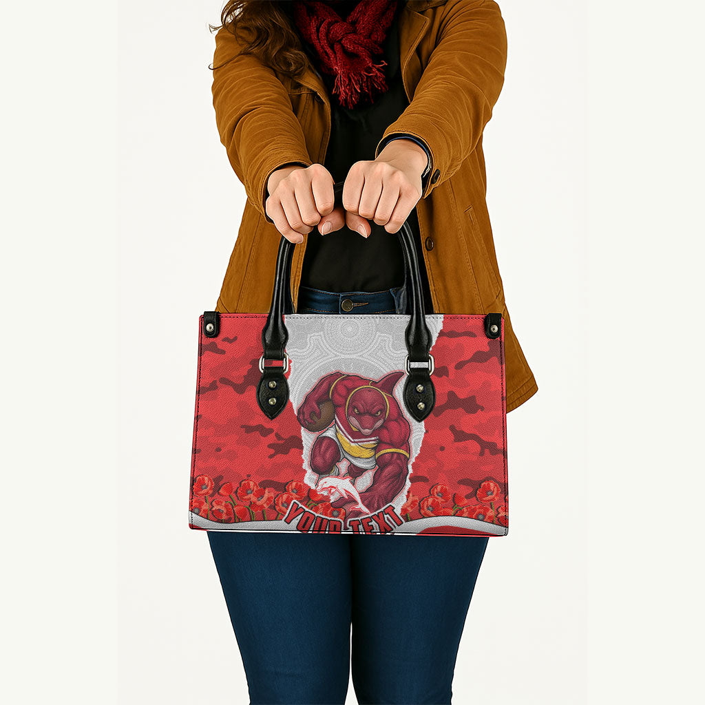 Personalized Dolphins ANZAC Tribute Leather Bag Poppy Field Soldier Silhouette Aboriginal Rugby Mascot