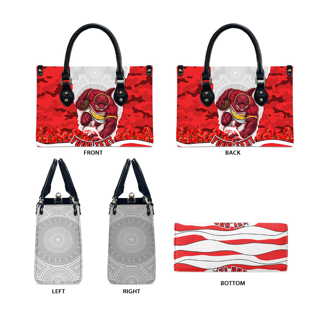 Personalized Dolphins ANZAC Tribute Leather Bag Poppy Field Soldier Silhouette Aboriginal Rugby Mascot