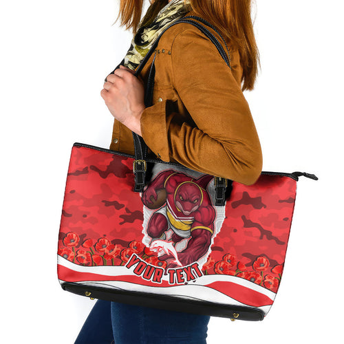 Personalized Dolphins ANZAC Tribute Leather Tote Bag Poppy Field Soldier Silhouette Aboriginal Rugby Mascot
