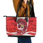 Personalized Dolphins ANZAC Tribute Leather Tote Bag Poppy Field Soldier Silhouette Aboriginal Rugby Mascot