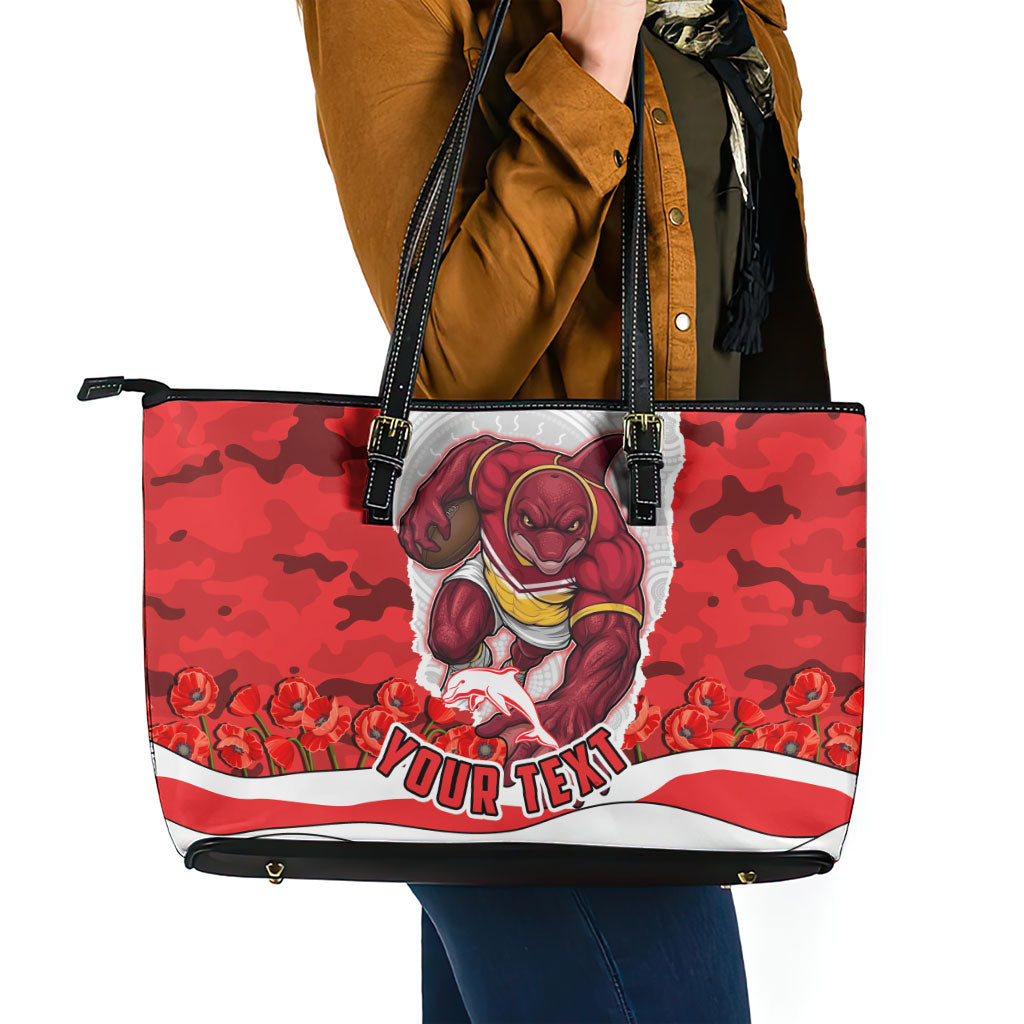 Personalized Dolphins ANZAC Tribute Leather Tote Bag Poppy Field Soldier Silhouette Aboriginal Rugby Mascot