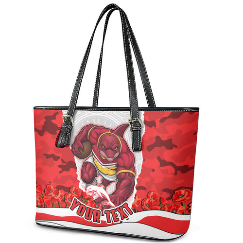 Personalized Dolphins ANZAC Tribute Leather Tote Bag Poppy Field Soldier Silhouette Aboriginal Rugby Mascot