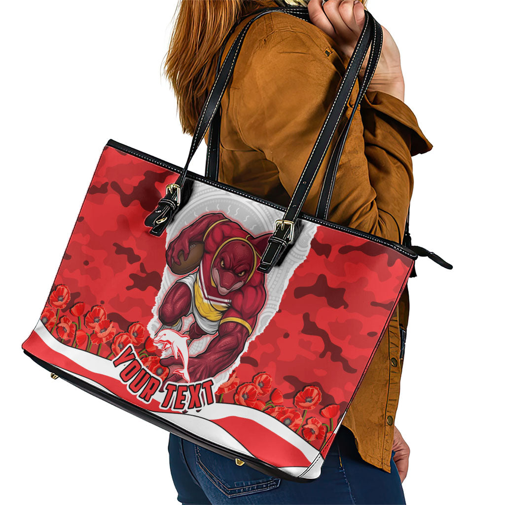 Personalized Dolphins ANZAC Tribute Leather Tote Bag Poppy Field Soldier Silhouette Aboriginal Rugby Mascot