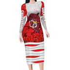 Personalized Dolphins ANZAC Tribute Long Sleeve Bodycon Dress Poppy Field Soldier Silhouette Aboriginal Rugby Mascot