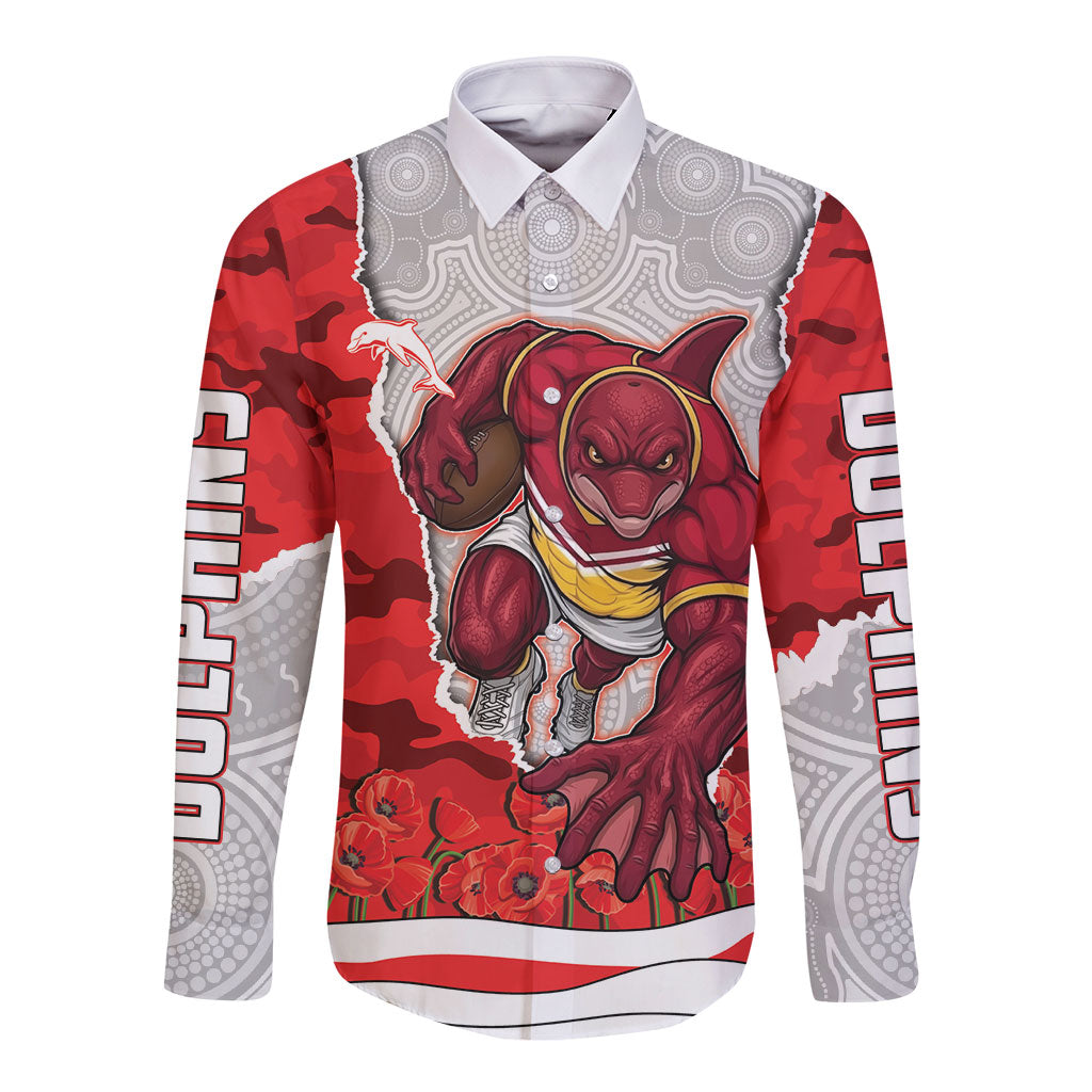 Personalized Dolphins ANZAC Tribute Long Sleeve Button Shirt Poppy Field Soldier Silhouette Aboriginal Rugby Mascot
