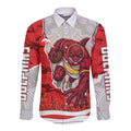 Personalized Dolphins ANZAC Tribute Long Sleeve Button Shirt Poppy Field Soldier Silhouette Aboriginal Rugby Mascot