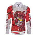 Personalized Dolphins ANZAC Tribute Long Sleeve Button Shirt Poppy Field Soldier Silhouette Aboriginal Rugby Mascot