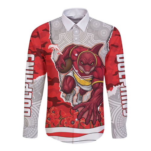 Personalized Dolphins ANZAC Tribute Long Sleeve Button Shirt Poppy Field Soldier Silhouette Aboriginal Rugby Mascot