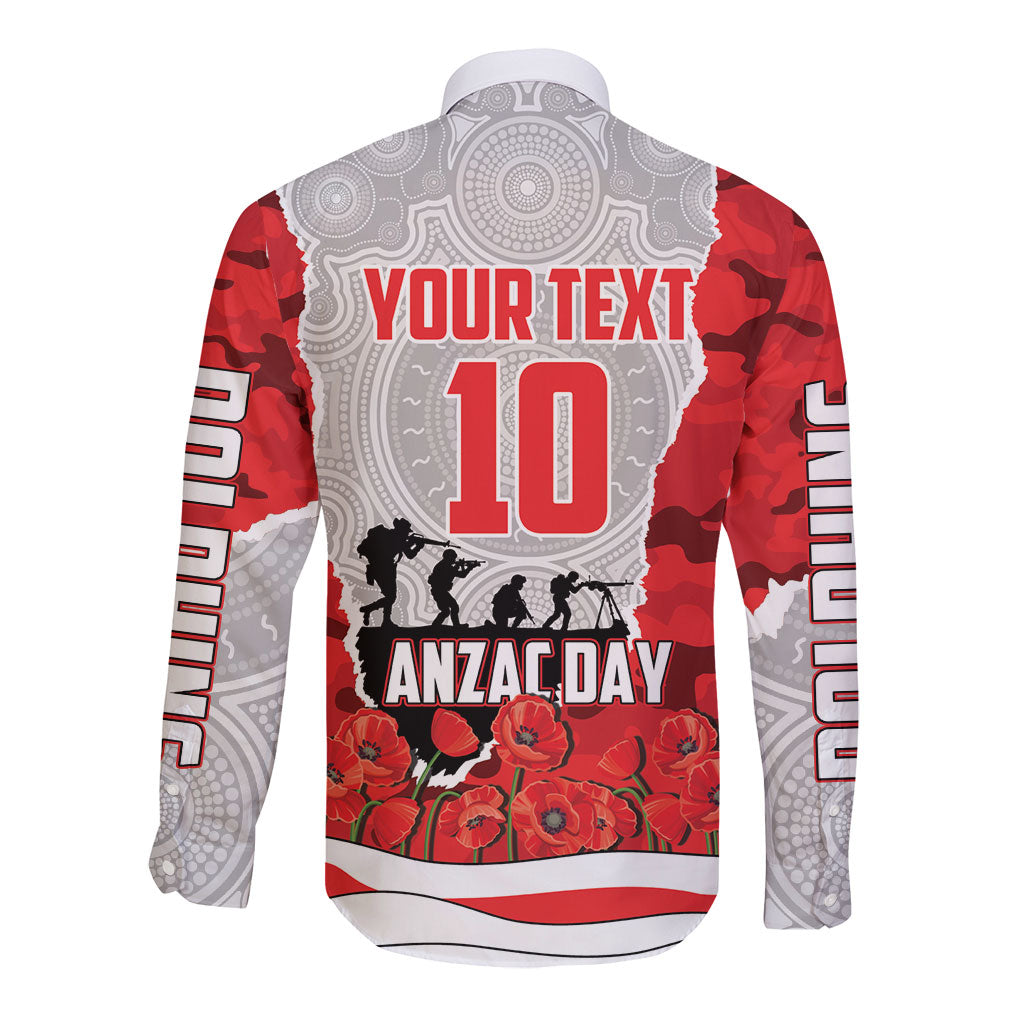 Personalized Dolphins ANZAC Tribute Long Sleeve Button Shirt Poppy Field Soldier Silhouette Aboriginal Rugby Mascot