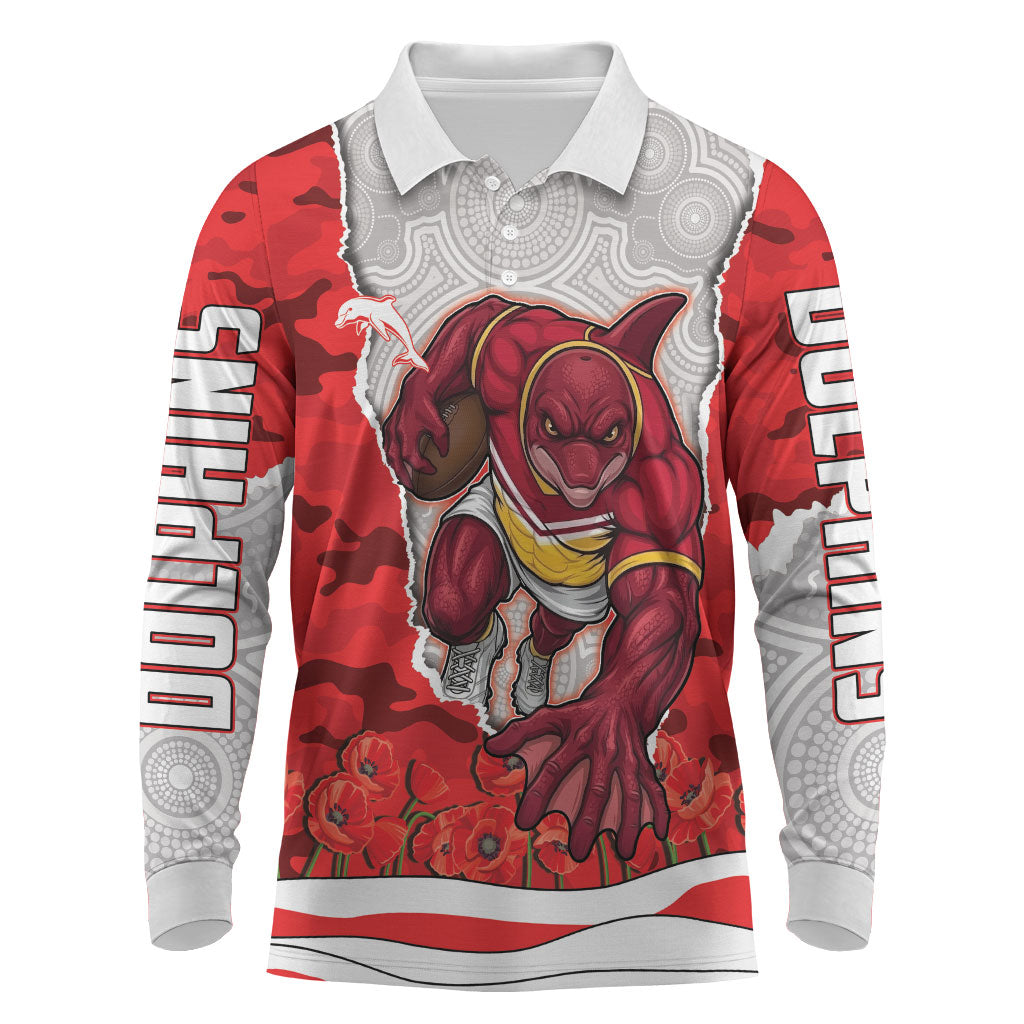 Personalized Dolphins ANZAC Tribute Long Sleeve Polo Shirt Poppy Field Soldier Silhouette Aboriginal Rugby Mascot