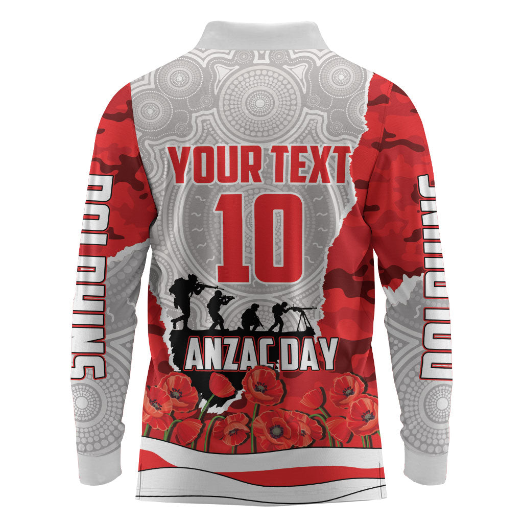 Personalized Dolphins ANZAC Tribute Long Sleeve Polo Shirt Poppy Field Soldier Silhouette Aboriginal Rugby Mascot
